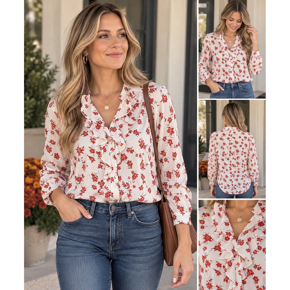 Ann Taylor Women's XS Floral Ruffle Blouse Red White Long Sleeve Button Front